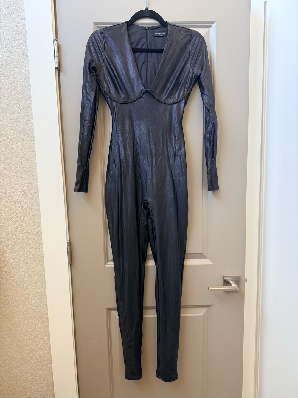 Naked Wardrobe Black Faux Leather Long Sleeve Jumpsuit